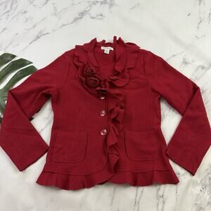 Susan Bristol Vintage Y2k Cardigan Sweater Size M Red Wool Ruffle Trim Romantic